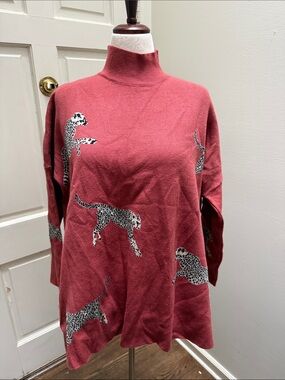 entro Rust colored  Mock-Neck Sweater with Black-and-White Leopard Motif